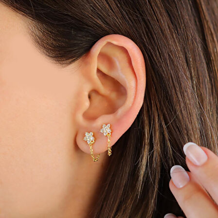 Çiçek Zincirli Gold Gümüş Küpe