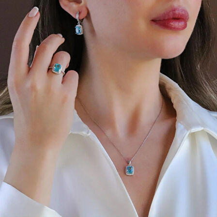 Mavi Icecut Taşlı Gümüş Set