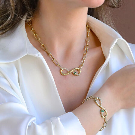 Yılan Sonsuzluk Modeli Gold Kaplama Zirkon Taşlı Set