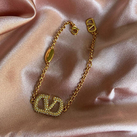 Zirkon Taşlı Gold Şık Çelik Bileklik