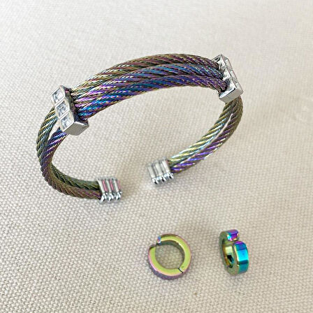 Renkli Hasır Çelik Kelepçe Küpe Set