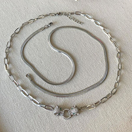 Kaplan Taşlı Trend İkili Çelik Kolye 