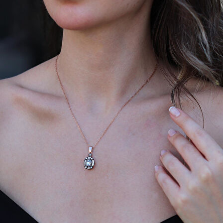 Elips Elmas Montür Rose Gold Gümüş Kolye