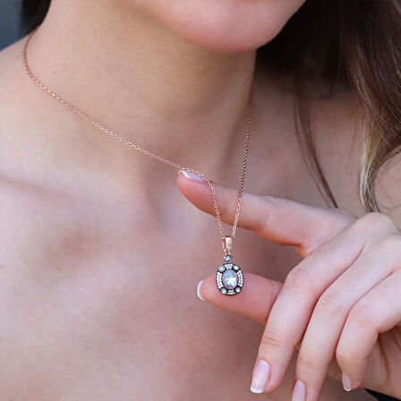 Elips Elmas Montür Rose Gold Gümüş Kolye