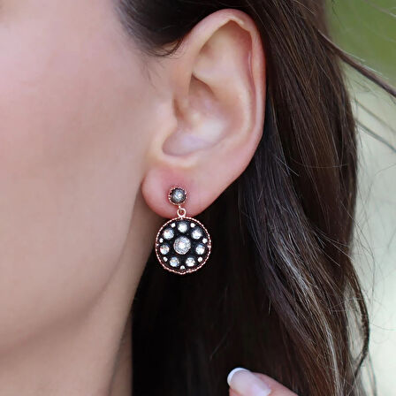 Yuvarlak Elmas Montür Rose Gold Kaplama Gümüş Küpe