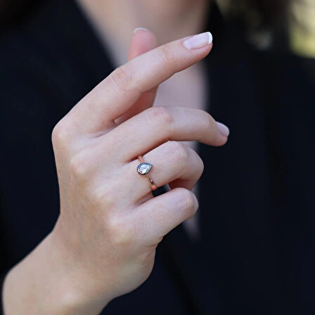 Mini Damla Elmas Montür Rose Gold Gümüş Yüzük