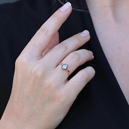 Mini Damla Elmas Montür Rose Gold Gümüş Yüzük