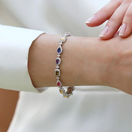 Damla Çiçek Renkli Zirkon Taşlı Gümüş Bileklik