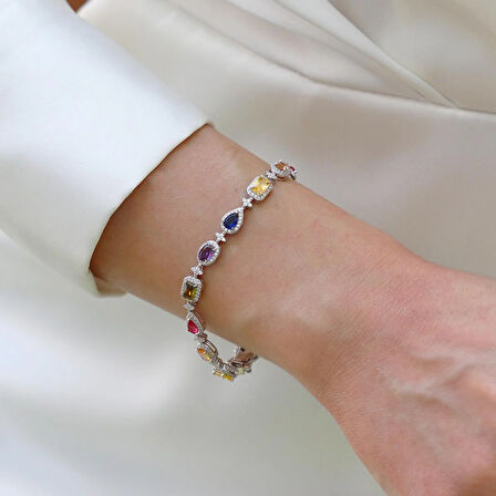 Damla Çiçek Renkli Zirkon Taşlı Gümüş Bileklik