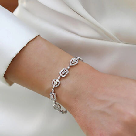 Kalp Baget Damla Figürlü Zirkon Taşlı Gümüş Bileklik