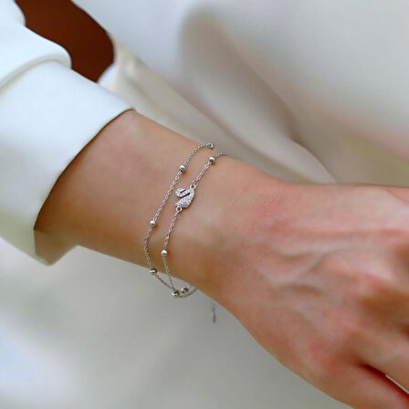 Kuğu Çift Zincirli Trend Gümüş Bileklik