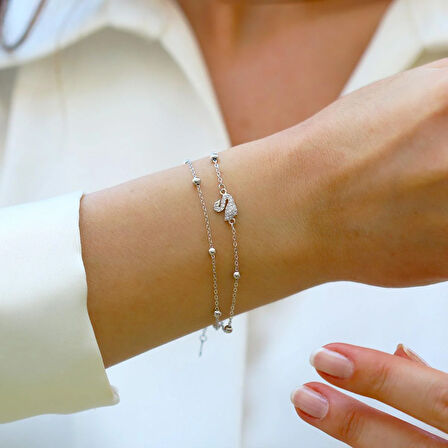 Kuğu Çift Zincirli Trend Gümüş Bileklik