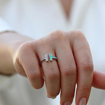 Turkuaz Mineli  T Gümüş Yüzük