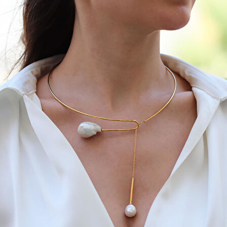 Barok İnci Gold Sarkıt Gümüş Gerdanlık