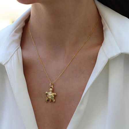 Kaplumbağa Bombeli Gold Gümüş Kolye