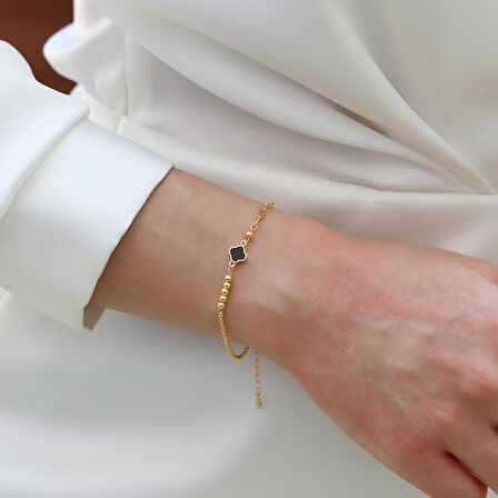 Yonca Siyah Mineli Trend Gold Gümüş Bileklik