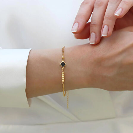 Yonca Siyah Mineli Trend Gold Gümüş Bileklik