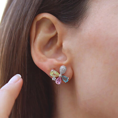 Renkli Kelebek Zirkon Taşlı Gümüş Küpe