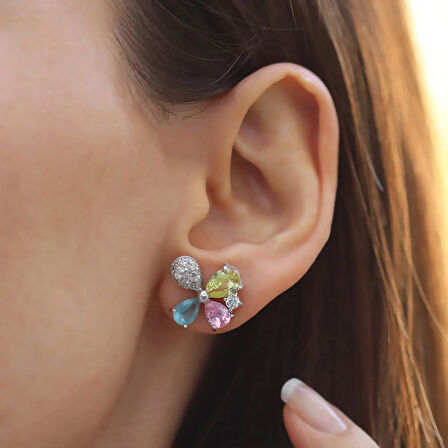 Renkli Kelebek Zirkon Taşlı Gümüş Küpe