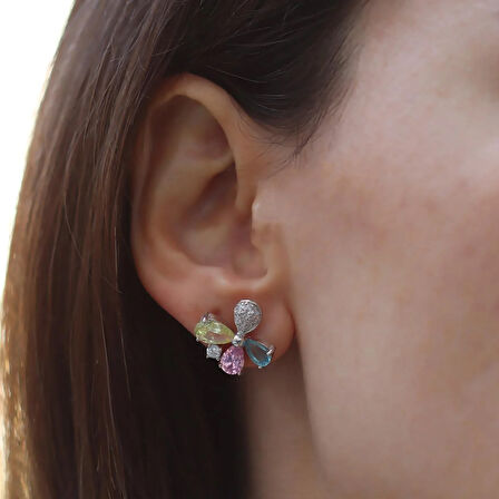 Renkli Kelebek Zirkon Taşlı Gümüş Küpe