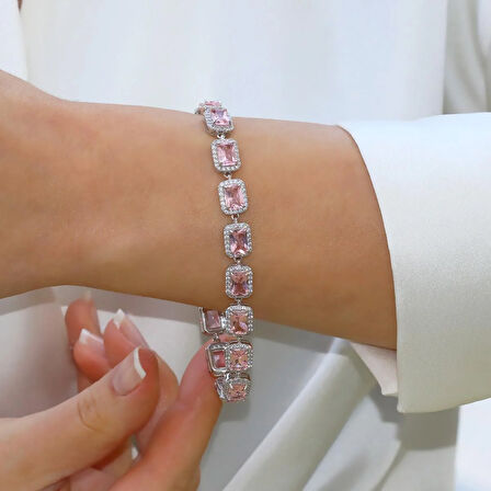 Sky Red Collection Baget Pembe Taşlı Gümüş Bileklik