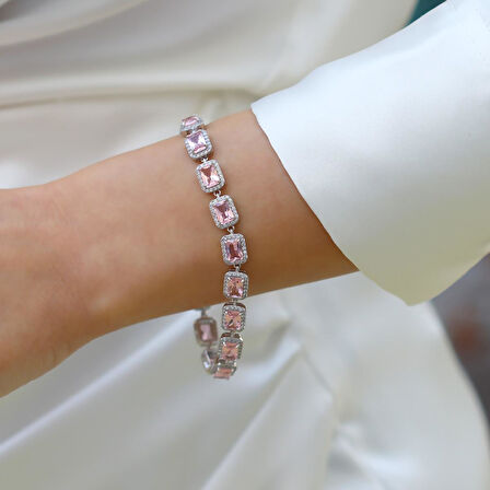 Sky Red Collection Baget Pembe Taşlı Gümüş Bileklik