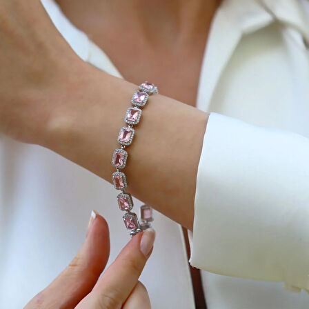 Sky Red Collection Baget Pembe Taşlı Gümüş Bileklik