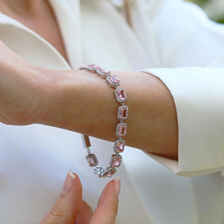 Sky Red Collection Baget Pembe Taşlı Gümüş Bileklik