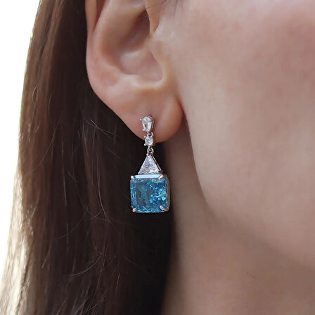 Aquamarine Kare Taşlı Gümüş Pırıltı Küpe