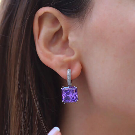 Kare Ametist Taşlı Gümüş Küpe