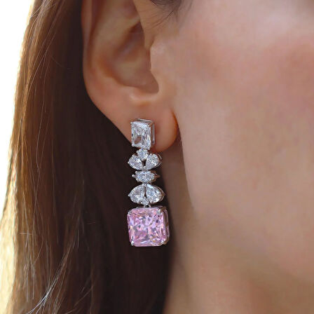 Pembe Kare Çiçekli Gümüş Işıltı Gümüş Küpe