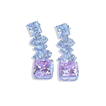 Pembe Kare Çiçekli Gümüş Işıltı Gümüş Küpe