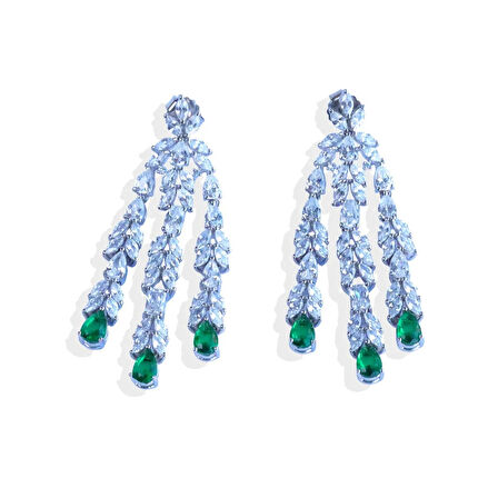 Yaprak Tasarım Zümrüt Taşlı Gümüş Küpe