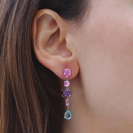 Renkli Damla Taşlı Gümüş Küpe