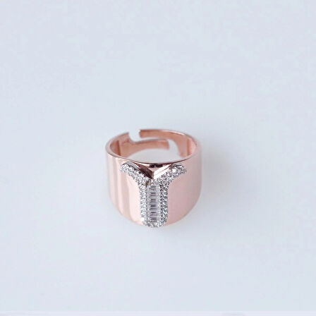 Y Harfi Baget Taşlı Rose Gold Kaplama Gümüş Yüzük