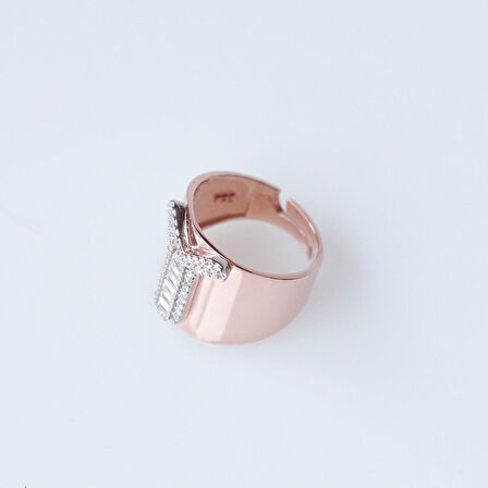 Y Harfi Baget Taşlı Rose Gold Kaplama Gümüş Yüzük