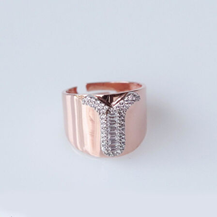 Y Harfi Baget Taşlı Rose Gold Kaplama Gümüş Yüzük
