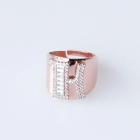 H Harfi Baget Taşlı Rose Gold Kaplama Gümüş Yüzük