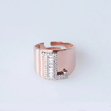 L Harfi Baget Taşlı Rose Gold Kaplama Gümüş Yüzük