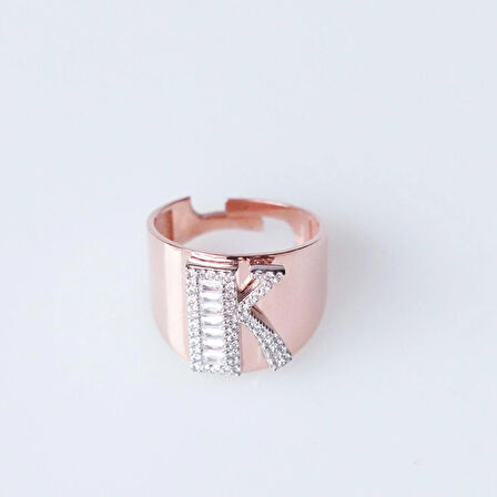 K Harfi Baget Taşlı Rose Gold Kaplama Gümüş Yüzük
