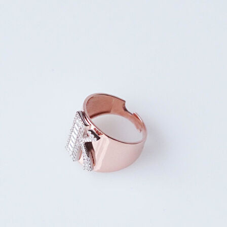 K Harfi Baget Taşlı Rose Gold Kaplama Gümüş Yüzük