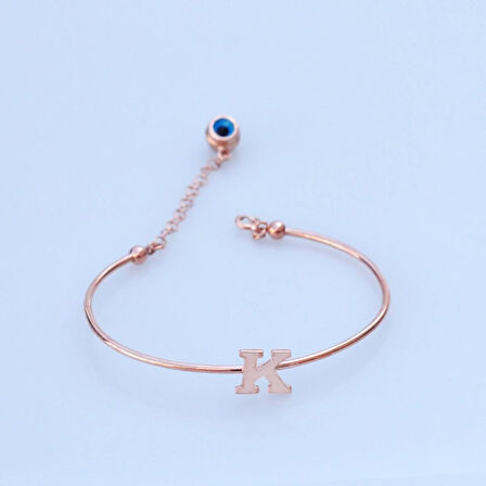 Rose Gold Kaplama Nazar Boncuklu K Harfi Gümüş Bileklik