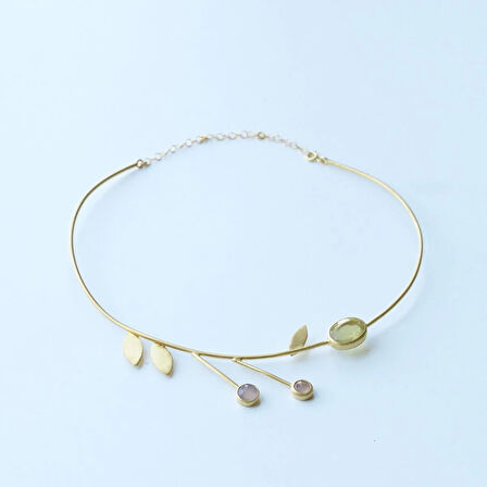 Peridot ve Ametist Taşlı Lamina Tasarım Gold Kaplama Gümüş Gerdanlık