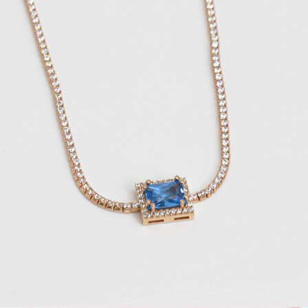 Aquamarin Taşlı Rose Gold Kaplama Choker Gümüş Kolye