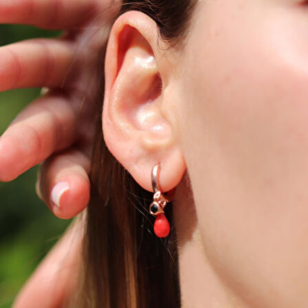 Doğal Mercan Taşlı Rose Gold Kaplama Gümüş Küpe