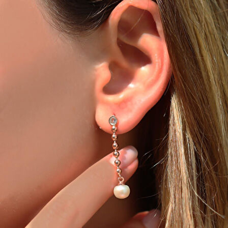Sallantılı Zirkon Taşlı Rose Gold Kaplama Gümüş İnci Küpe
