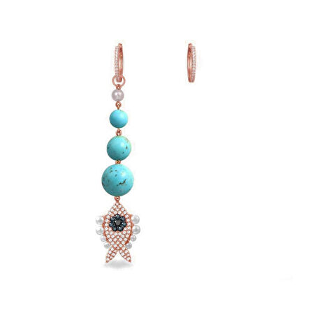Turkuaz Taşlı İncili Balık Apm Model Rose Gold Kaplama Sallantı Gümüş Küpe