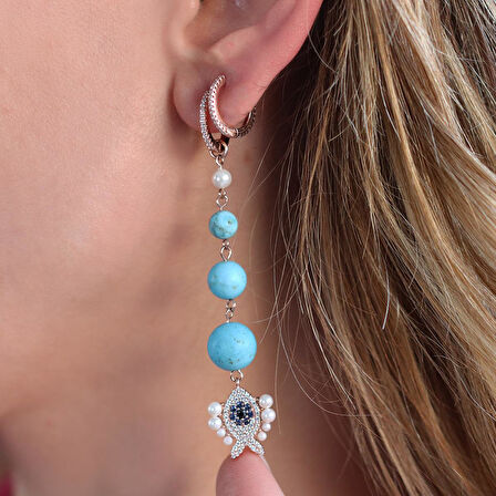 Turkuaz Taşlı İncili Balık Apm Model Rose Gold Kaplama Sallantı Gümüş Küpe