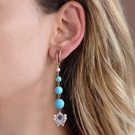 Turkuaz Taşlı İncili Balık Apm Model Rose Gold Kaplama Sallantı Gümüş Küpe