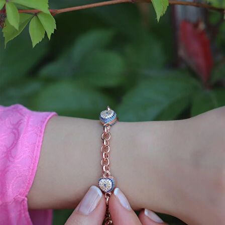 Kalp Nazar Boncuklu Zirkon Taşlı Rose Gold Kaplama Zincir Bileklik